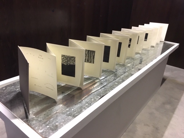 The 9 Stones Artists' Book installed in Visual on a special bench of flattened corrugated iron and glass, designed by 9 Stones Artist Remco De Fouw